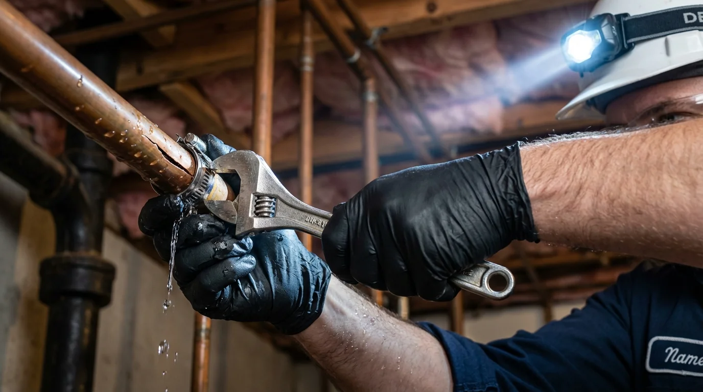 Emergency pipe clamp repair being performed by a Johns Plumbing LLC plumber in Buckingham