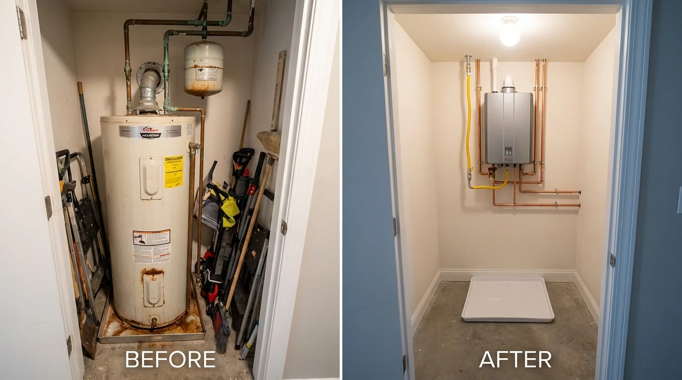 Tank water heater versus wall-mounted tankless unit comparison for Buckingham, VA homeowners