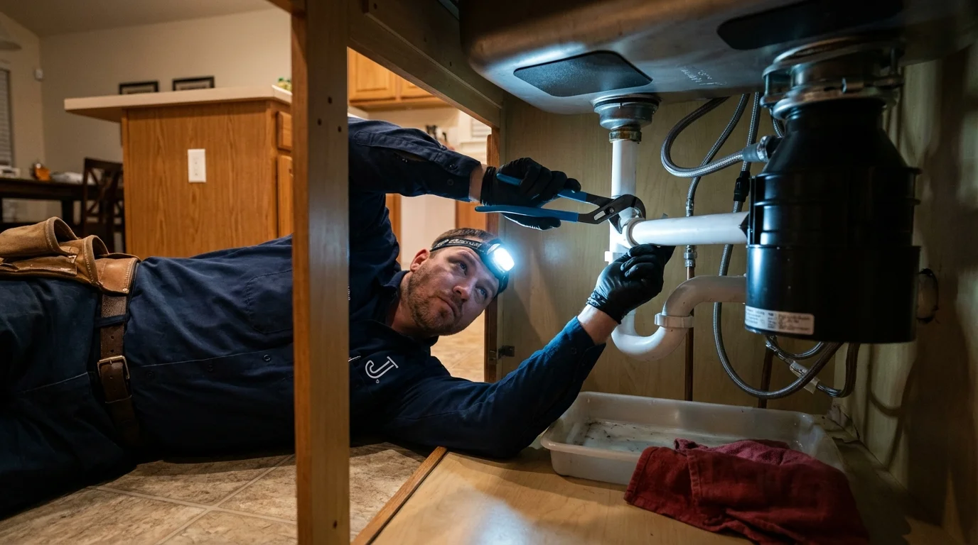 P-trap and supply line connections under a kitchen sink showing a common leak point in Buckingham, VA